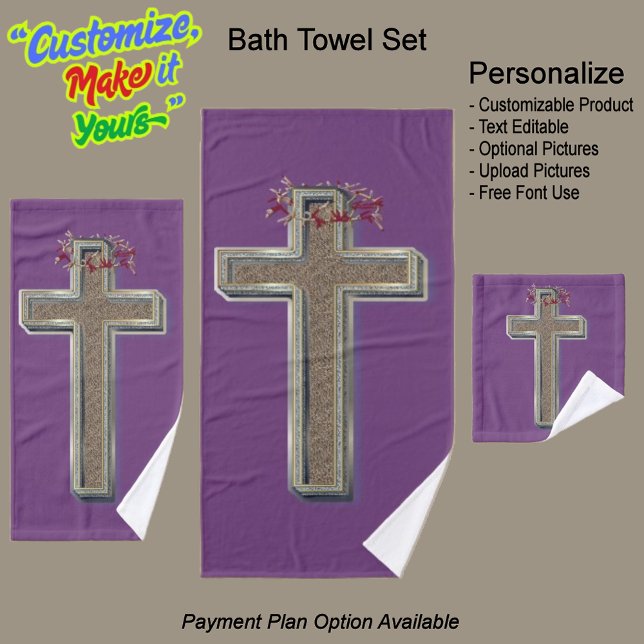 Toalha de Banheira Cruzada Conjunto Fundo Púrpura (Cross Bathroom Towel Set Featuring a Purple Background.)