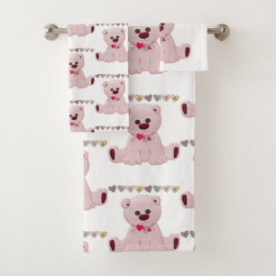 Toalha de Banheira Pia Urso Rosa Corações de Urso