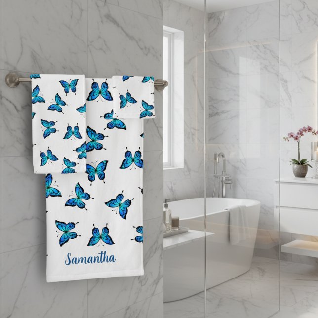 Toalha de Banheiro Azul (Blue butterflies towel set of 3 with custom name.)