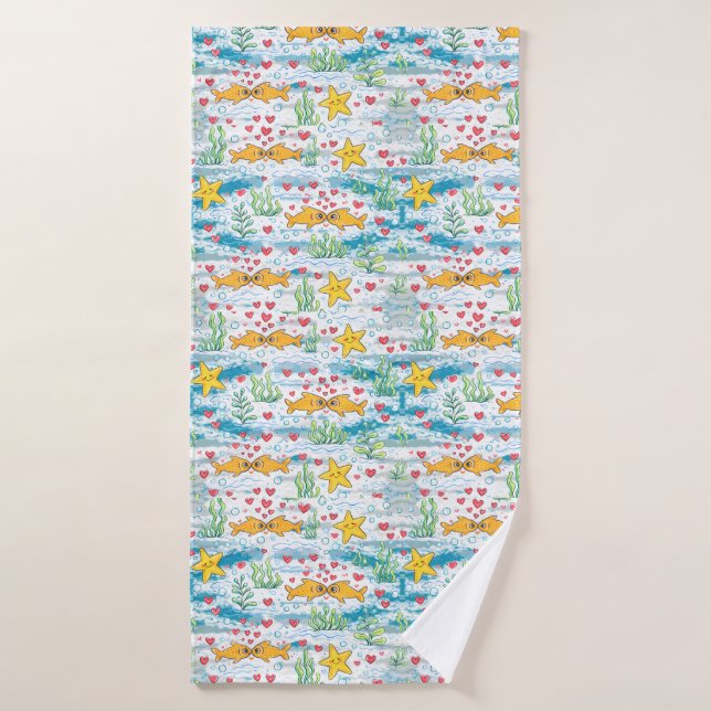 Toalha De Banho Adorable Ocean Love Pattern | Cute Fish & Starfish (Toalha de Banho)