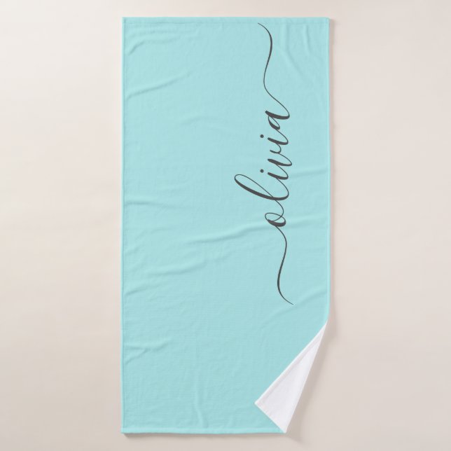 Toalha De Banho Aqua Blue Teal Modern Script Girly Monographic Nam (Toalha de Banho)