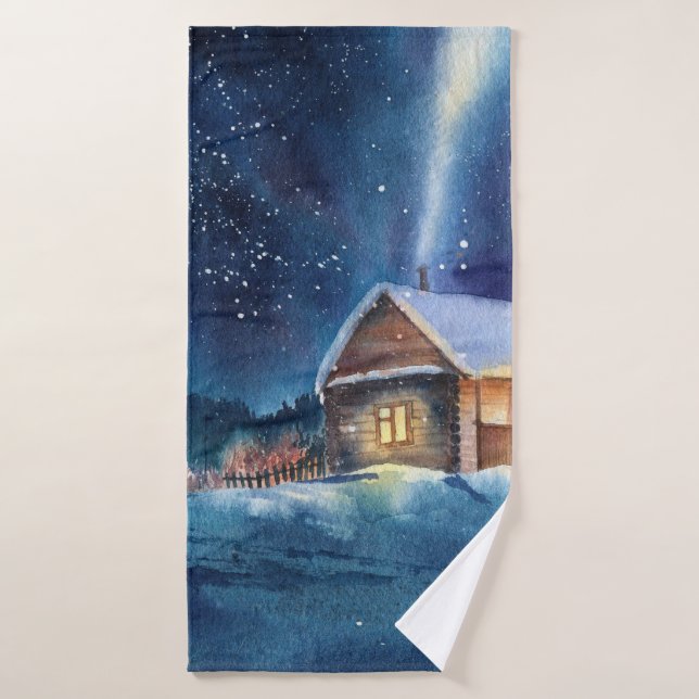 Toalha De Banho Aquarela desenhada à mão Paisagem de inverno (Toalha de Banho)