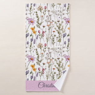 Toalha De Banho Aquarela Flor Silvestre Roxa Rosa Nome Personaliza