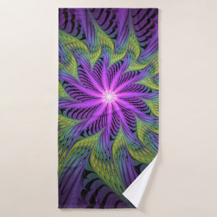 Toalha De Banho Arte abstrata fractal moderna flor roxa verde