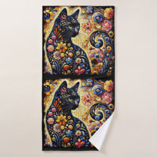 Toalha De Banho Arte Floral Abstrato de Gato Negro