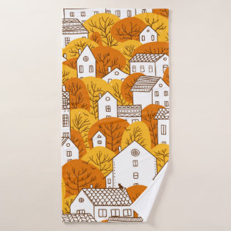 Toalha De Banho Árvores e casas com padrão uniforme. outono, outon