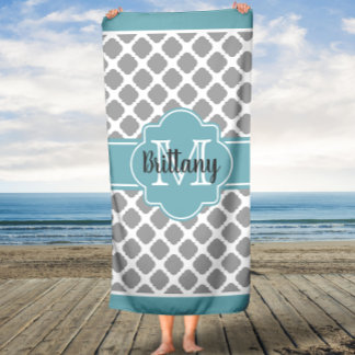Toalha De Banho Azul Aqua e Cinza Quatrefoil Monograma Banho Toalh