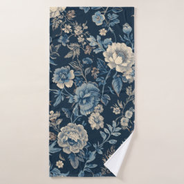 Toalha De Banho Azul Marinho Padrão Floral Botânico Vintage