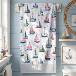 Toalha De Banho Barco à Vela em Aquarela Fofa & Nome Crianças