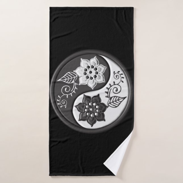 Toalha De Banho Black and Silver Floral Yin Yang (Toalha de Banho)