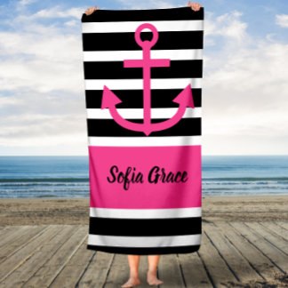 Toalha De Banho Black Stripes Anchor Cor Rosa Nome do Script Bath 