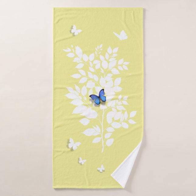 Toalha De Banho Blue Butterfly white leafy branch  (Toalha de Banho)