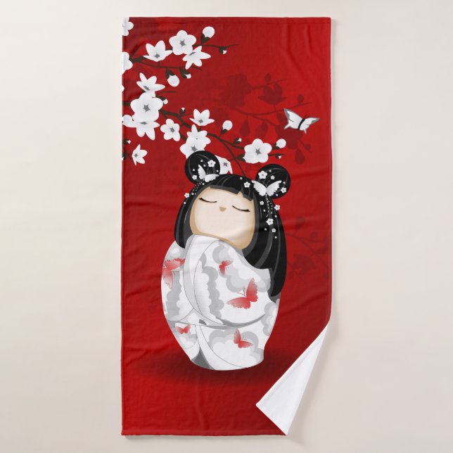 Toalha De Banho Bonecas Kokeshi Red Black White Cherry Blossoms (Toalha de Banho)