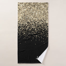 Toalha De Banho Brilho Preto Dourado Monograma Inicial Feminino