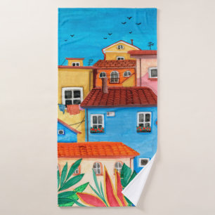 Toalha De Banho Casas italianas. Mão de Gouache desenhada