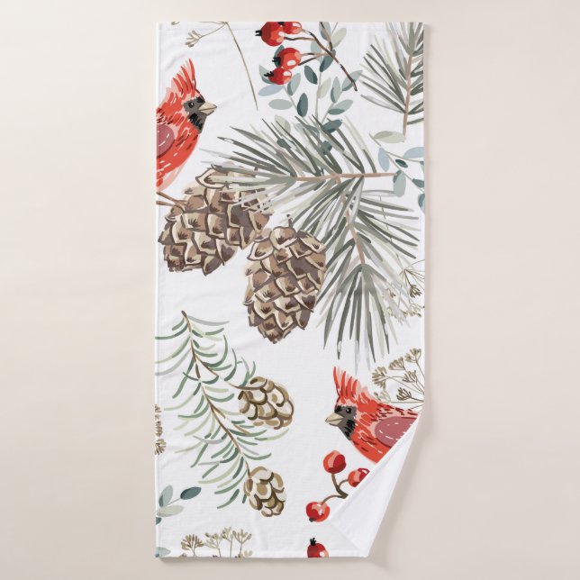 Toalha De Banho Christmas seamless pattern, cardinal birds, red be (Toalha de Banho)