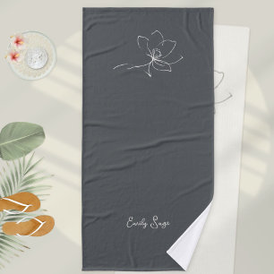Toalha De Banho Cinza Ardósia Marfim Arte Floral Linha Minimalista