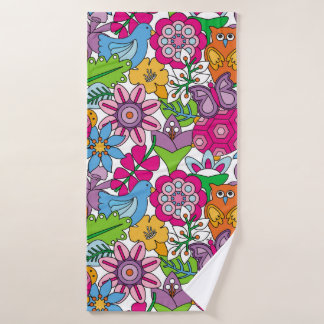Toalha De Banho Colorful animals and flowers vintage seamless patt