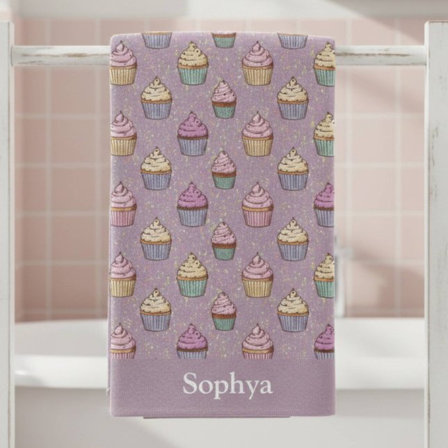 Toalha De Banho Cupcake Personalizado com Glitter Roxo (Criador carregado)