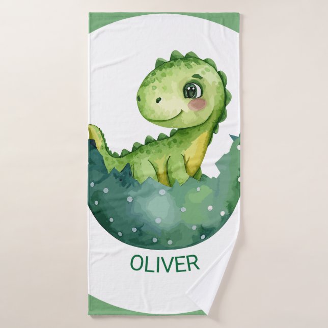 Toalha De Banho Cute Green Dinosaur Custom Watercolor Pastel (Toalha de Banho)