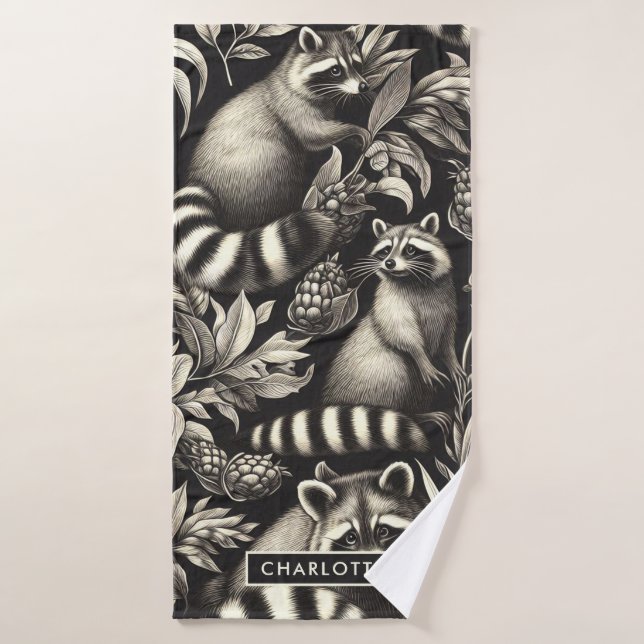 Toalha De Banho Cute Vintage Racoon Seamless (Toalha de Banho)