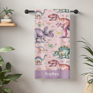 Toalha De Banho Dinossauro Infantil Personalizado em Aquarela Rosa