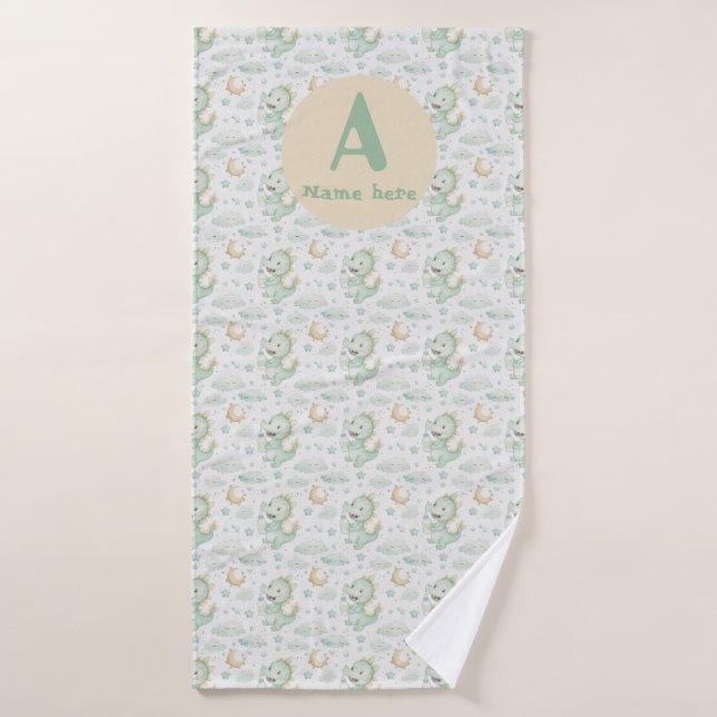 Toalha De Banho Dragão Verde Bebê Nome Personalizado de Aquarela (Toalha de Banho)