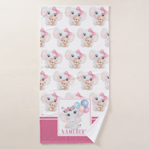 Toalha De Banho Elefante Rosa Girly com Padrão de Arco e Balão
