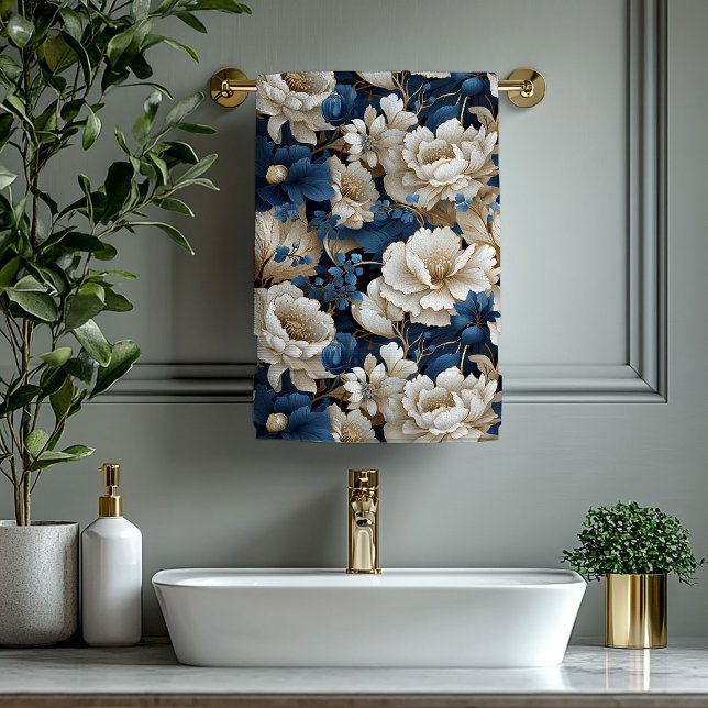 Toalha de banho elegante azul branco flores chic m (Elegant blue white flowers chic modern bath towel design

)