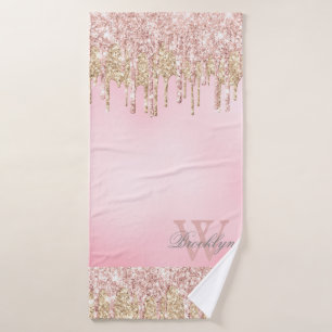 Toalha De Banho Elegante Rosa Rosa Dourada Colírio Monograma