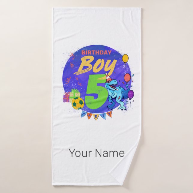Toalha De Banho Feliz Aniversário 5 5º Aniversário Dinossauro (Toalha de Banho)