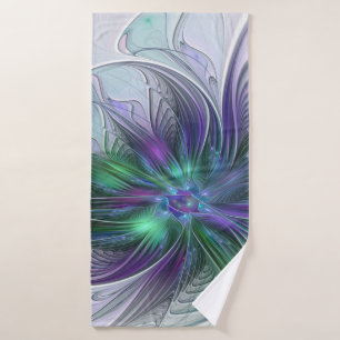 Toalha De Banho Flor de Fractal de Arte Abstrato Moderno Roxo Verd