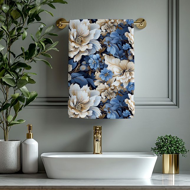 Toalha de Banho Floral Azul e Dourado Elegante (Elegant Blue and Gold Floral Bath Towel)