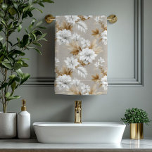 Toalha de Banho Floral Bege Claro Taupe Branco