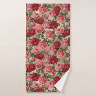 Toalha De Banho Floral Vermelho Rosa Elegante, cor-de-rosa, Dourad