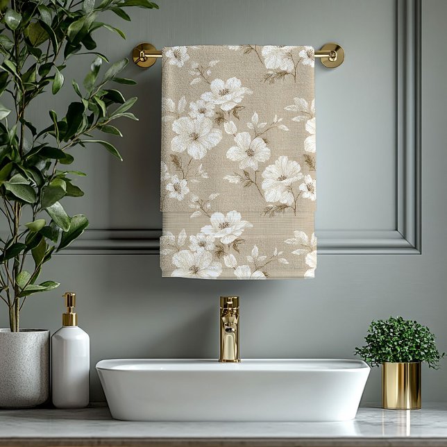 Toalha de Banho Flores Brancas Bege Rústico (Rustic Taupe White Flowers Neutral Bath Towel)