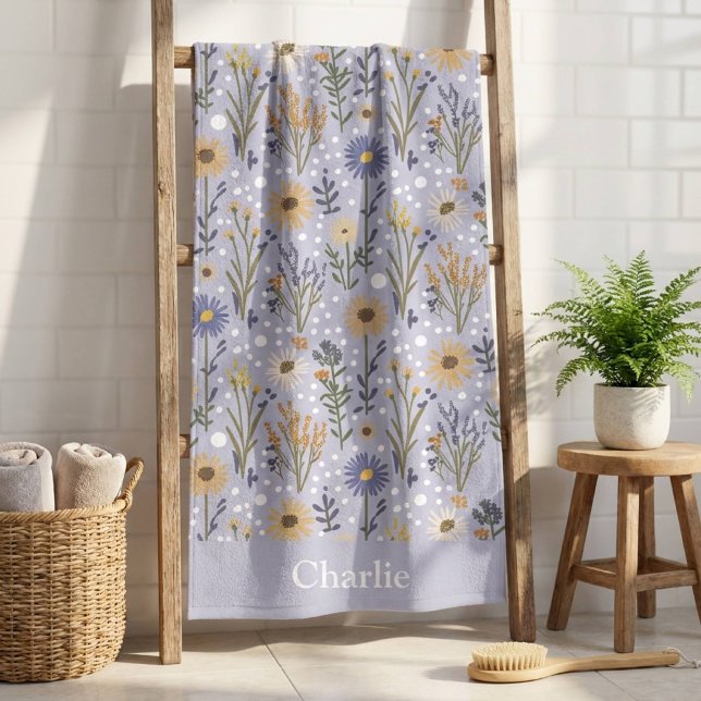 Toalha De Banho Flores de Bolinhas Azuis Personalizadas para Crian (Criador carregado)