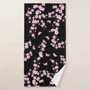 Toalha De Banho Flores de Cerejeira Rosa Preto