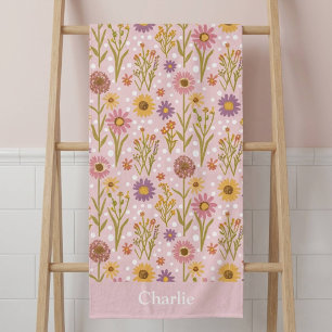 Toalha De Banho Flores Pontilhadas Rosa Personalizadas para Crianç