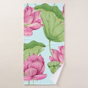 Toalha De Banho Flores tropicais, folhas, lótus cor-de-rosa, lírio