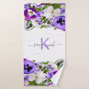 Toalha De Banho Flores violetas, roxas, com nome de monograma bran