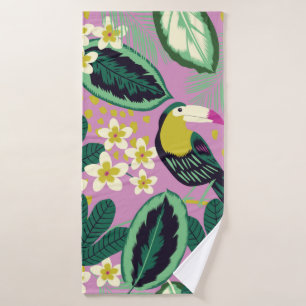 Toalha De Banho Folhas tropicais, flores e aves de tucano, sem cos