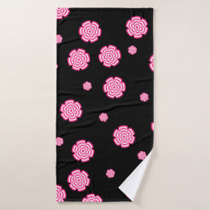Toalha De Banho Fundo escuro, flores rosa estilizadas e brilhantes