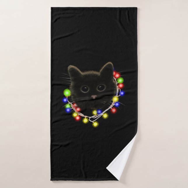 Toalha De Banho Gato negro com luzes de Natal (Toalha de Banho)