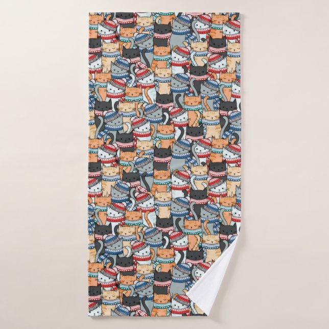 Toalha De Banho Gatos no padrão de escarpas e chapéus de inverno (Toalha de Banho)