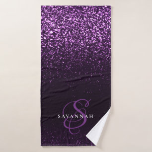 Toalha De Banho Glitter Na moda de Script Monograma Roxo Elegante