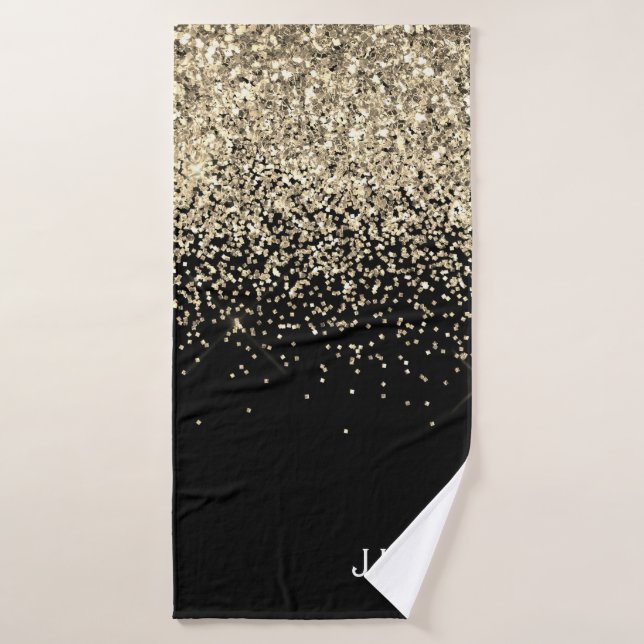 Toalha De Banho Glitter Preto Dourado Monograma Inicial Feminino (Toalha de Banho)