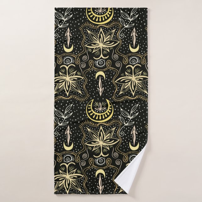 Toalha De Banho Gold lotuses seamless crescent pattern. Golden col (Toalha de Banho)