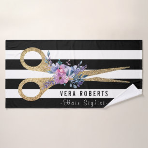 Toalha De Banho Hair Stylist Glitter Scissor Floral Beauty Salon