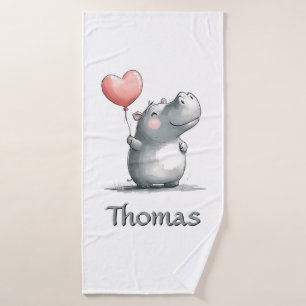 Toalha De Banho Hippo Bonito com Ilustração de Balão de Coração